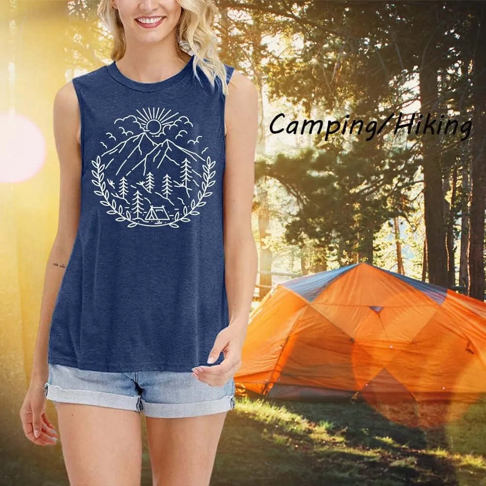 Women Hiking Camping Outdoor Tank Top Summer Mountain Nature Funny Graphic Print Round Neck Workout Athletic Sleeveless Tops