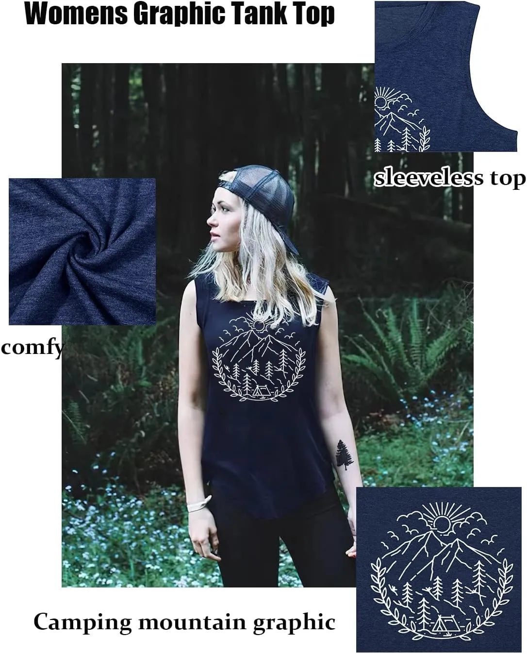 Women Hiking Camping Outdoor Tank Top Summer Mountain Nature Funny Graphic Print Round Neck Workout Athletic Sleeveless Tops