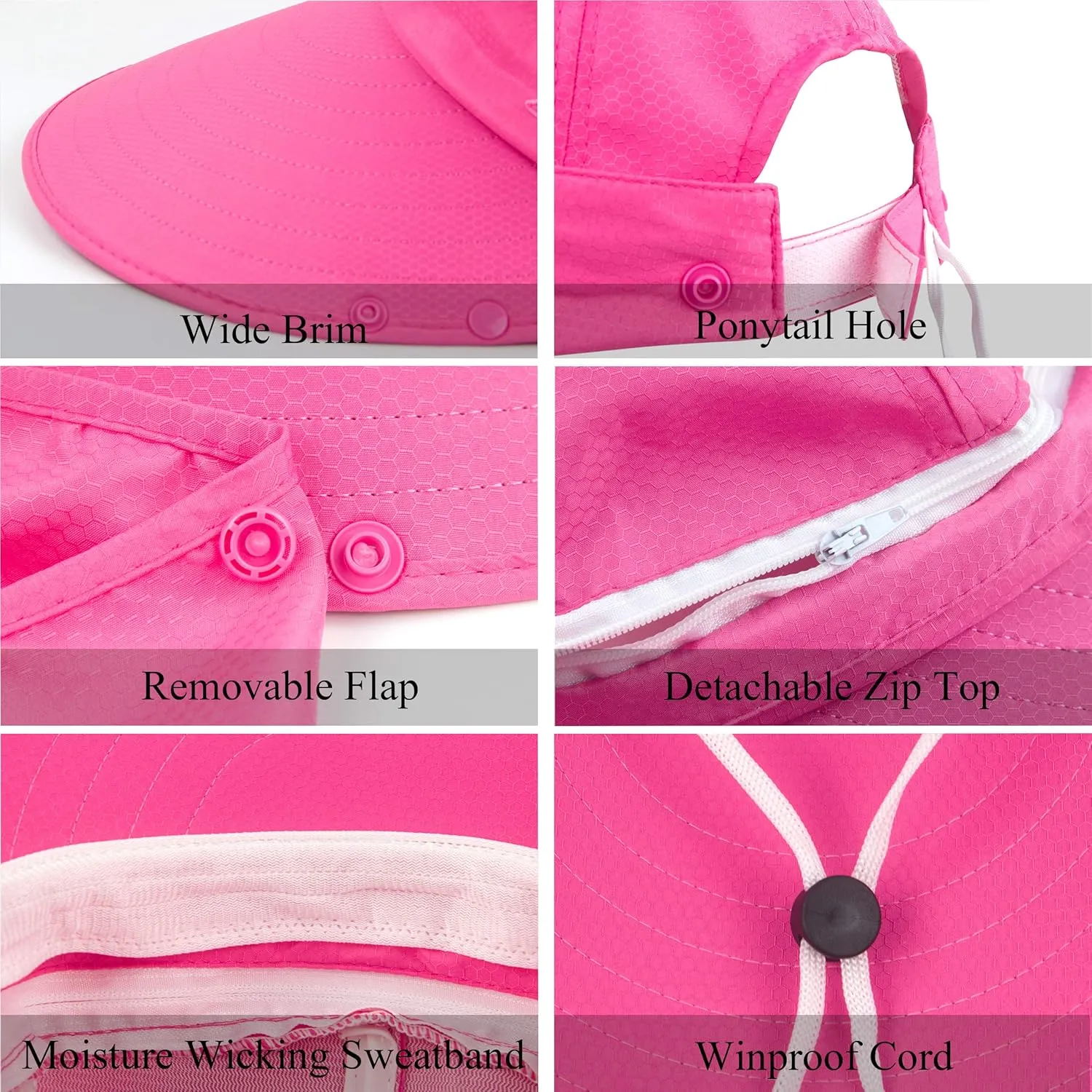 Women Sun Wide Brim UV Protection Fishing Hats Foldable Ponytail Summer Hat with Detachable Flap