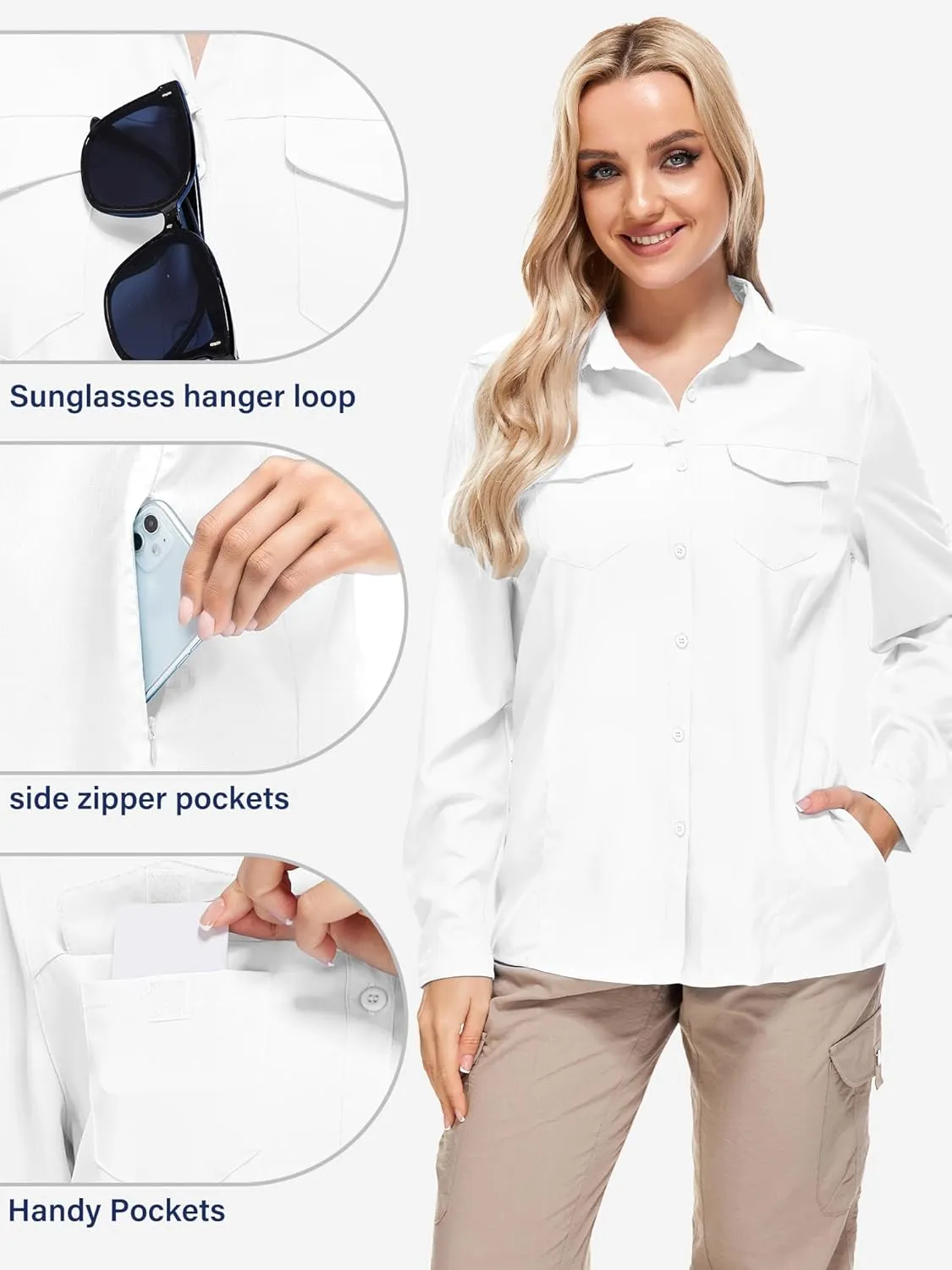 Women UPF 50  Sun Protection Safari Shirts Quick Dry Lightweight Outdoor Fishing Hiking Travel Shirts with Zipper Pockets