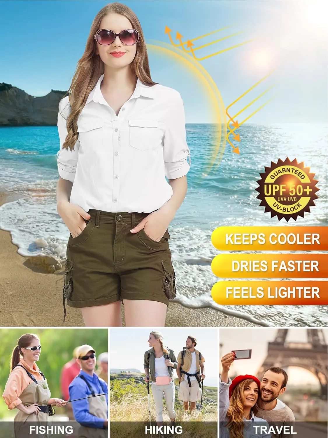 Women UPF 50  Sun Protection Safari Shirts Quick Dry Lightweight Outdoor Fishing Hiking Travel Shirts with Zipper Pockets
