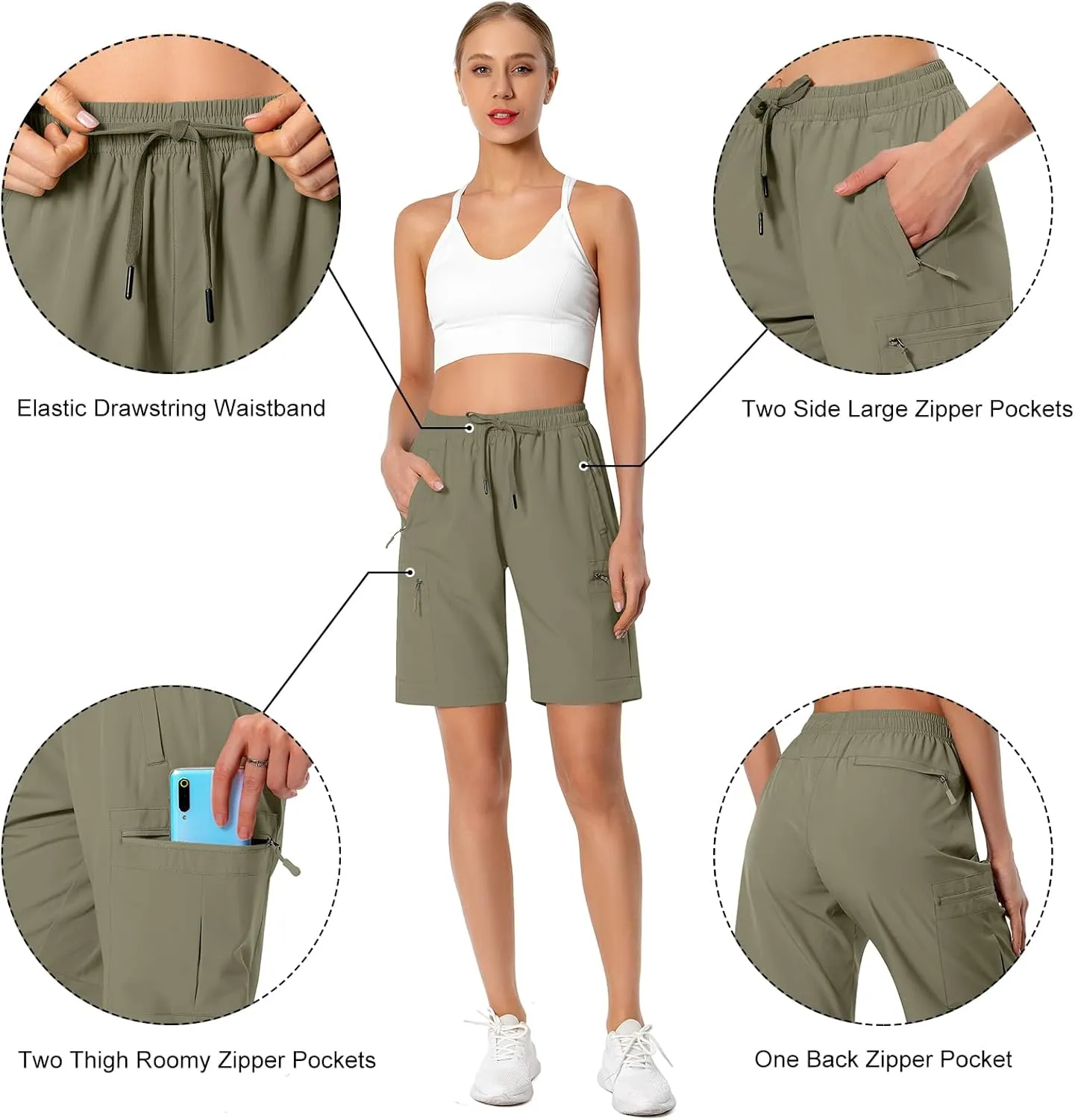 Women's Lightweight Hiking Cargo Shorts Quick Dry Athletic Shorts for Camping Travel Golf with Zipper Pockets Water Resistant