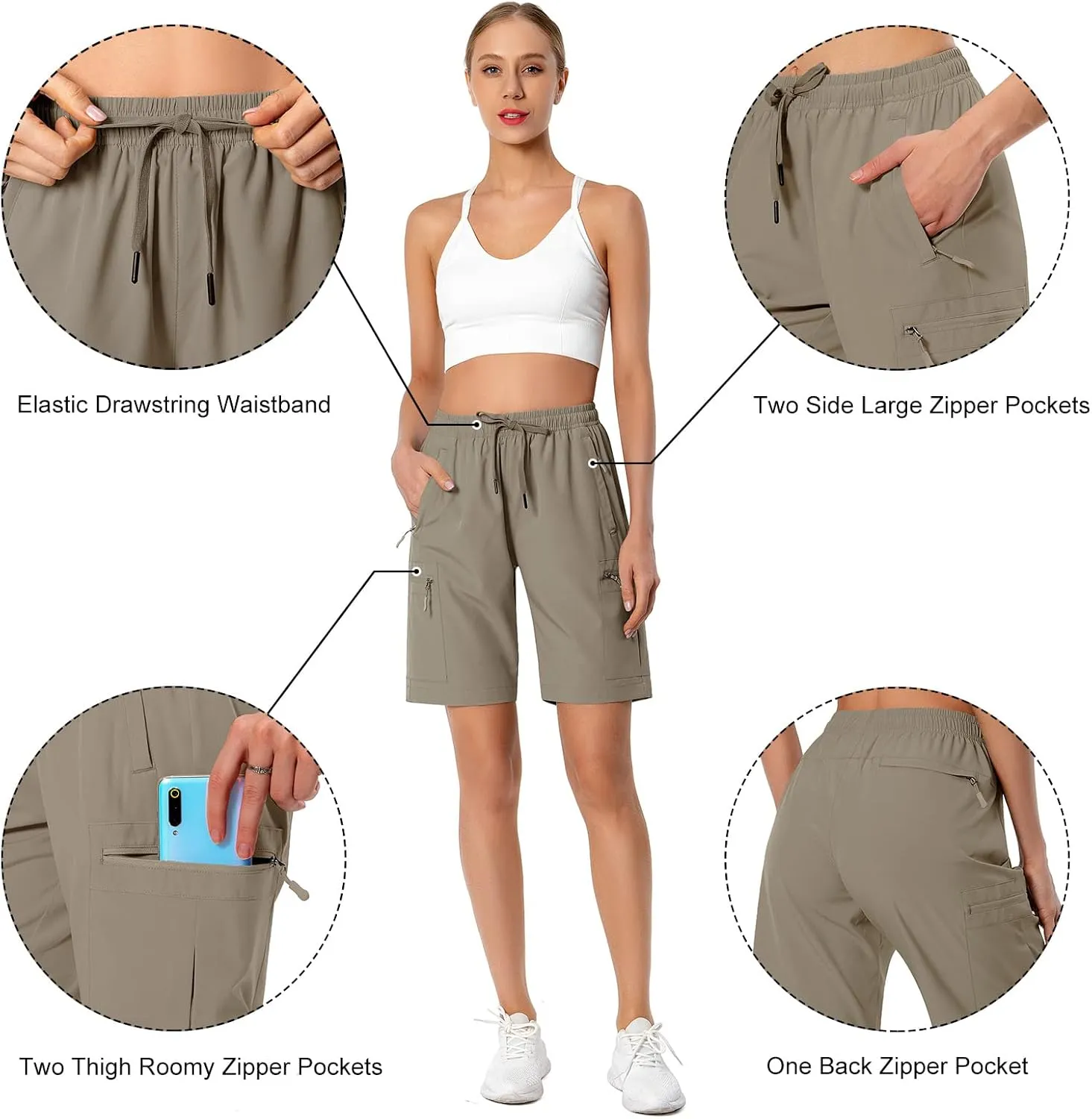 Women's Lightweight Hiking Cargo Shorts Quick Dry Athletic Shorts for Camping Travel Golf with Zipper Pockets Water Resistant