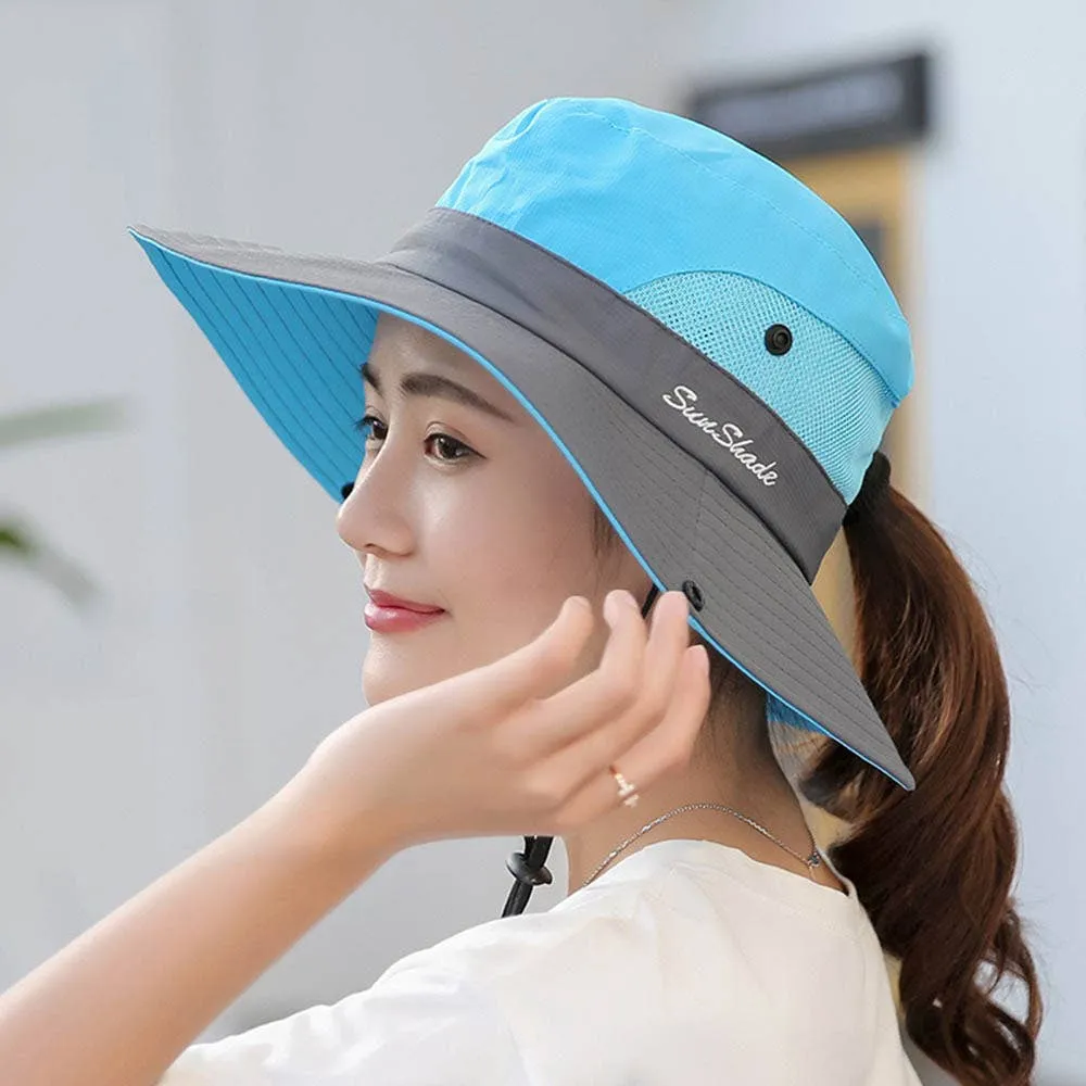 Womens UV Protection Hat Foldable Wide Brim Ponytail Sun Hat: Pink