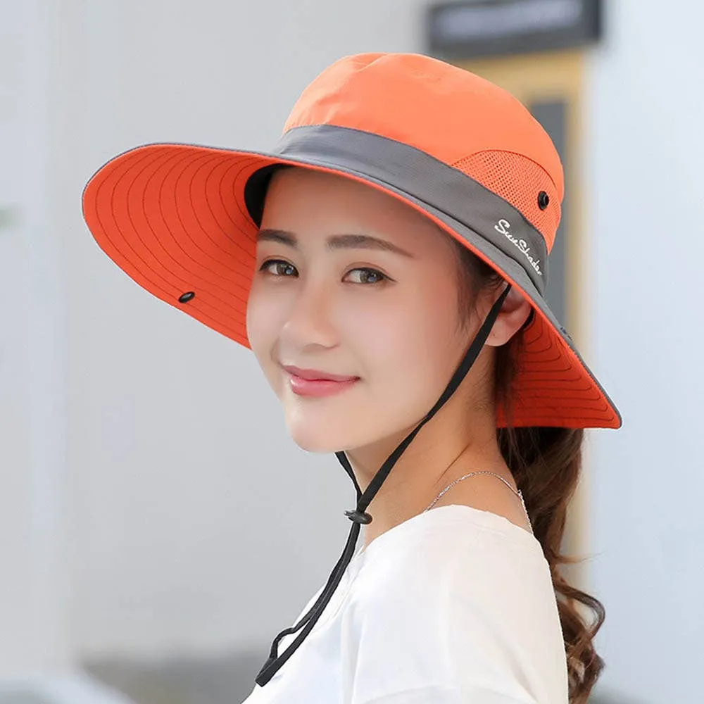 Womens UV Protection Hat Foldable Wide Brim Ponytail Sun Hat: Pink