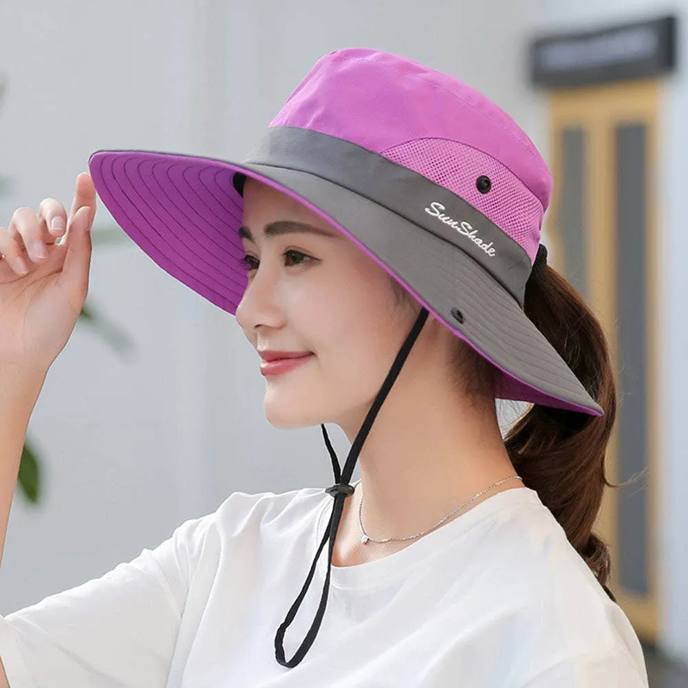 Womens UV Protection Hat Foldable Wide Brim Ponytail Sun Hat: Pink
