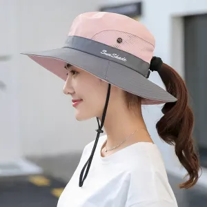 Womens UV Protection Hat Foldable Wide Brim Ponytail Sun Hat: Pink
