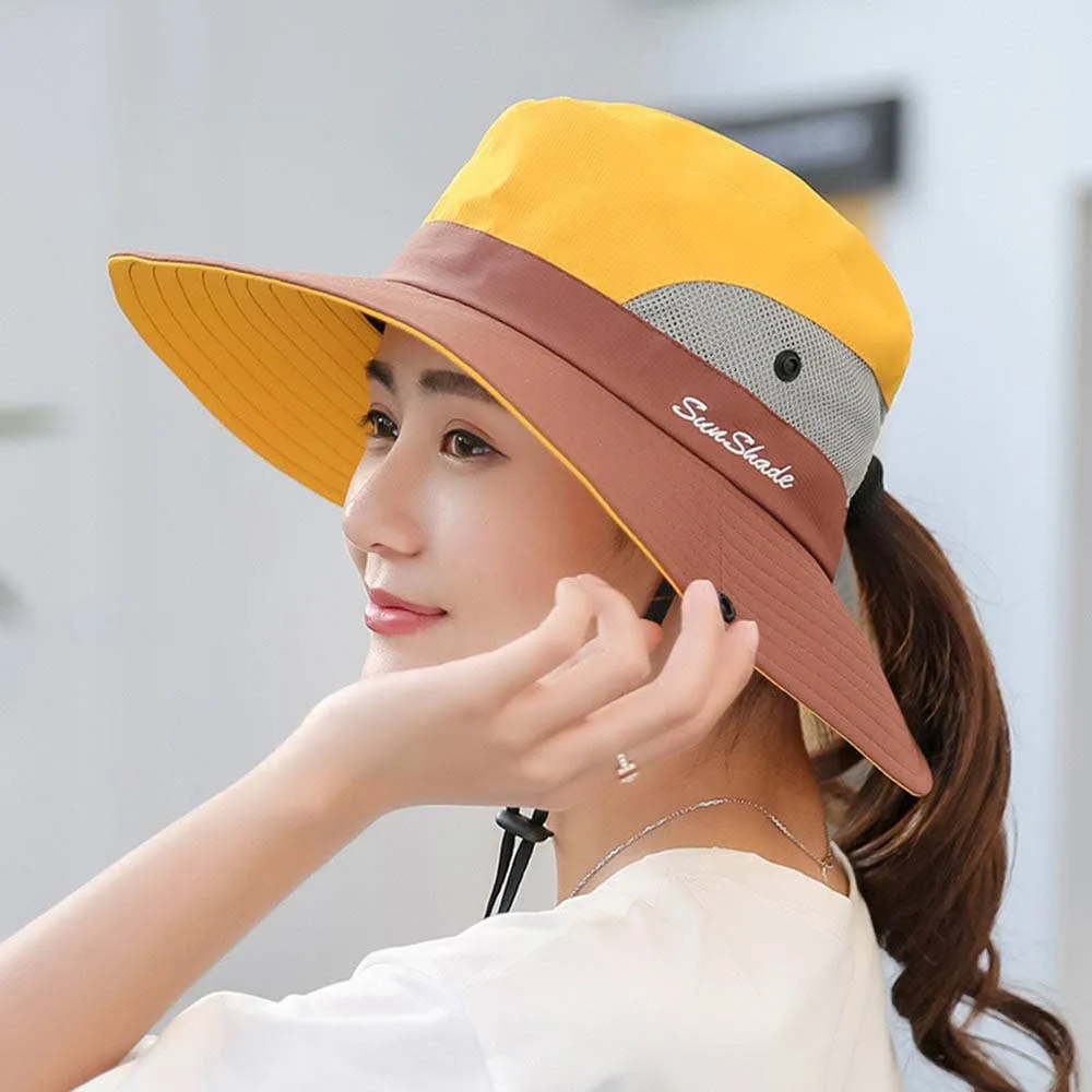 Womens UV Protection Hat Foldable Wide Brim Ponytail Sun Hat: Pink