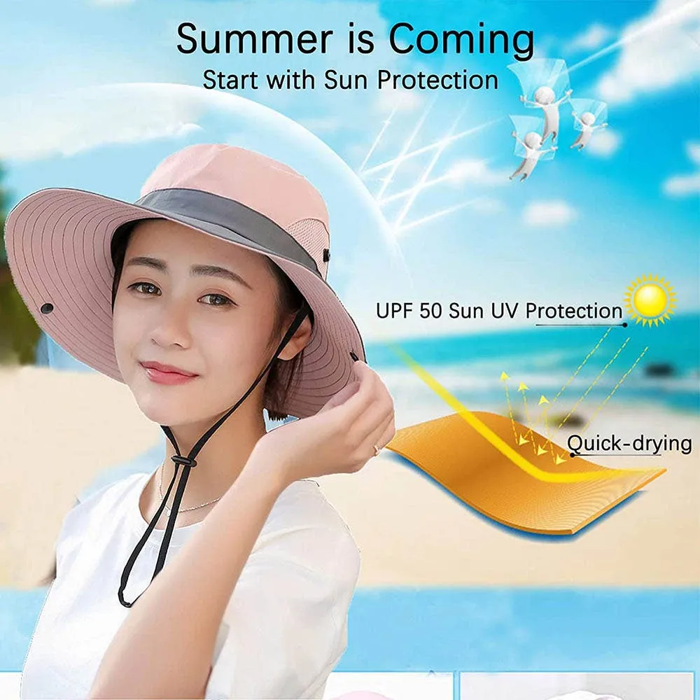 Womens UV Protection Hat Foldable Wide Brim Ponytail Sun Hat: Pink