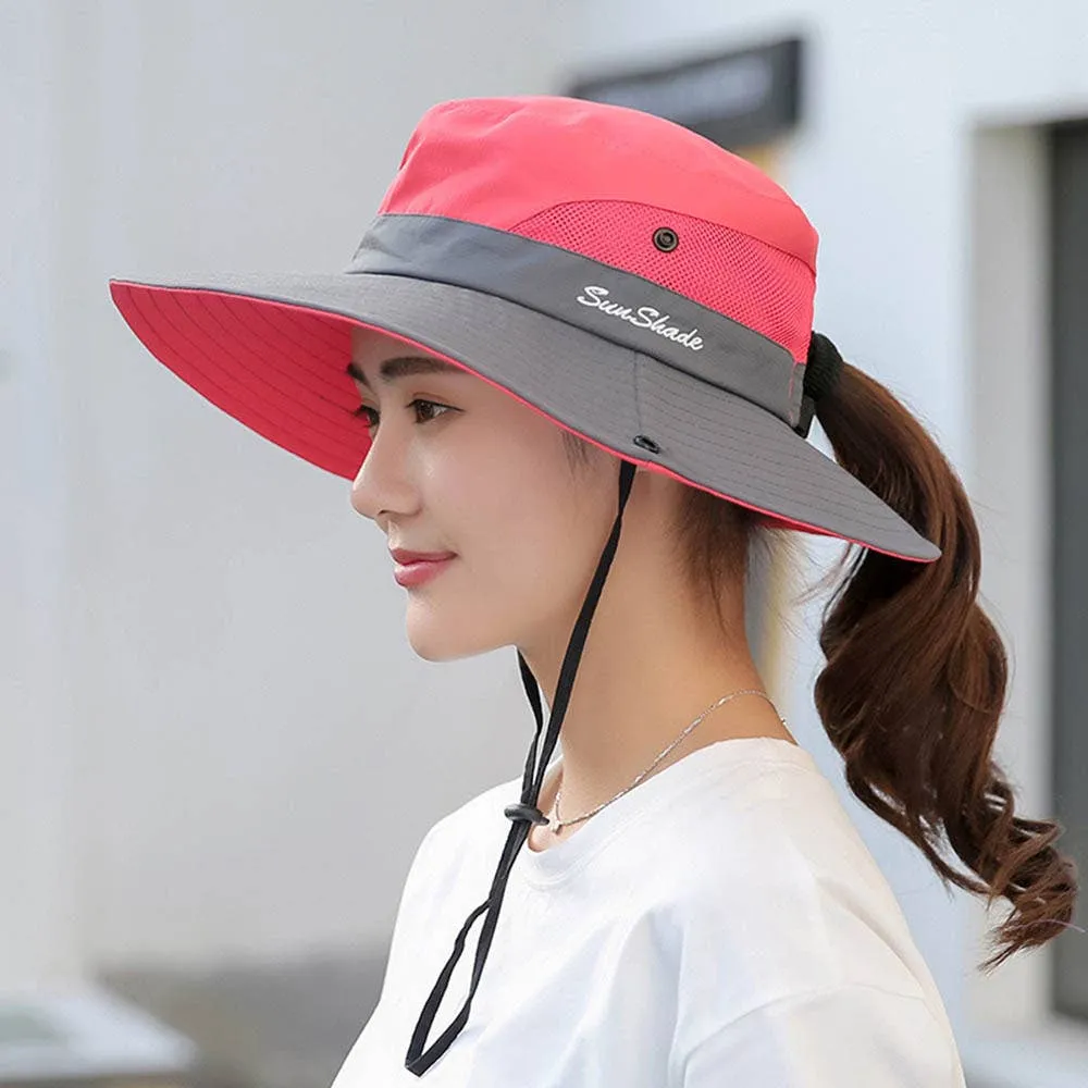 Womens UV Protection Hat Foldable Wide Brim Ponytail Sun Hat: Pink