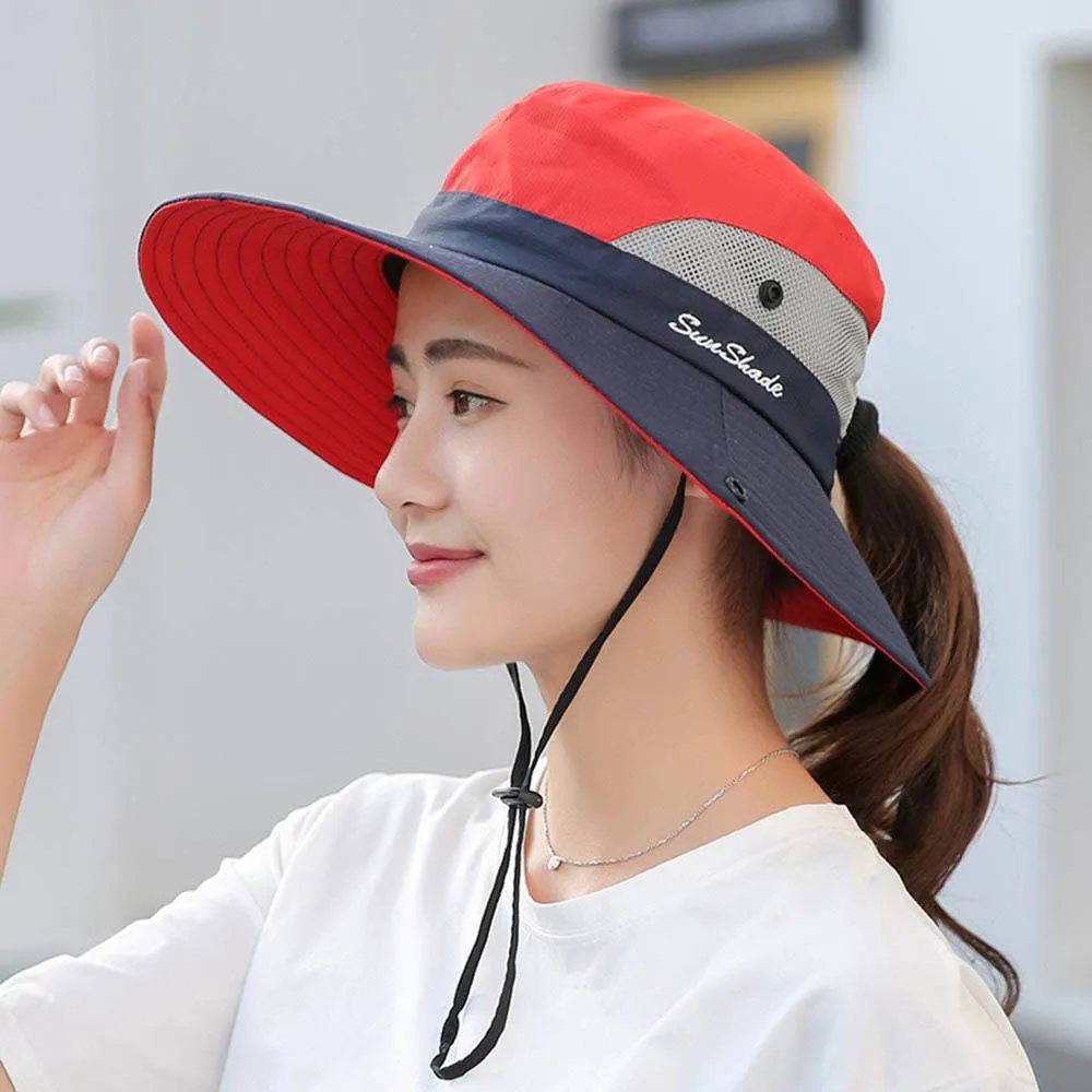 Womens UV Protection Hat Foldable Wide Brim Ponytail Sun Hat: Pink