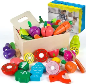 Wooden Play Food for Kids Kitchen, 32PCS Pretend Cutting Fruits Vegetables Food Play Toy Sets, Early Education Montessori Kids Toys, for Toddlers and Kids Ages 3 