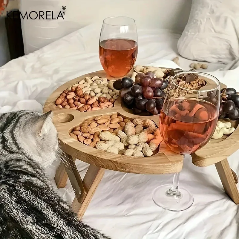 Wooden Portable Folding Picnic Table - Wine & Snack Tray