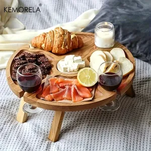 Wooden Portable Folding Picnic Table - Wine & Snack Tray
