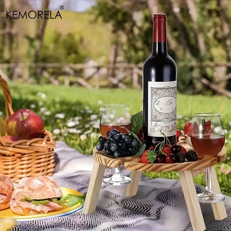 Wooden Portable Folding Picnic Table - Wine & Snack Tray