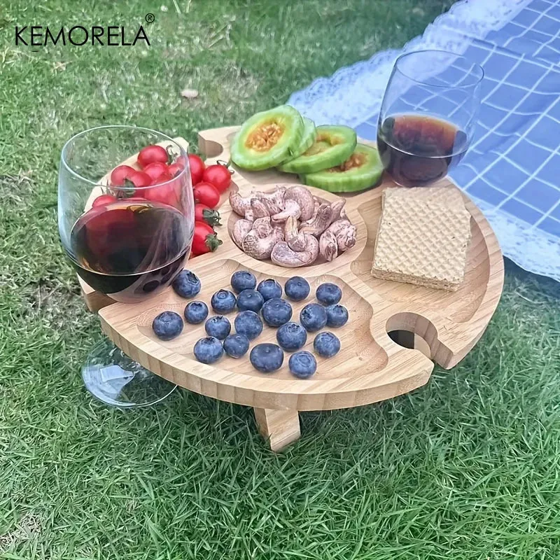 Wooden Portable Folding Picnic Table - Wine & Snack Tray