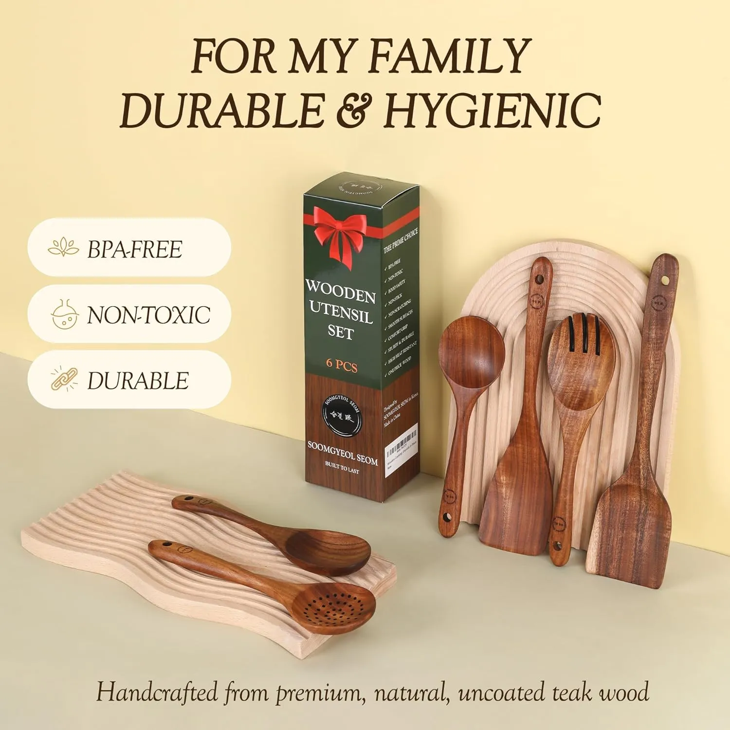 Wooden Spoons for Cooking - 6 Pcs Teak Wood Cookware Utensil Set with Smooth Finish - Non-Stick, Comfortable Grip - Durable, Heat Resistant Kitchen Utensils