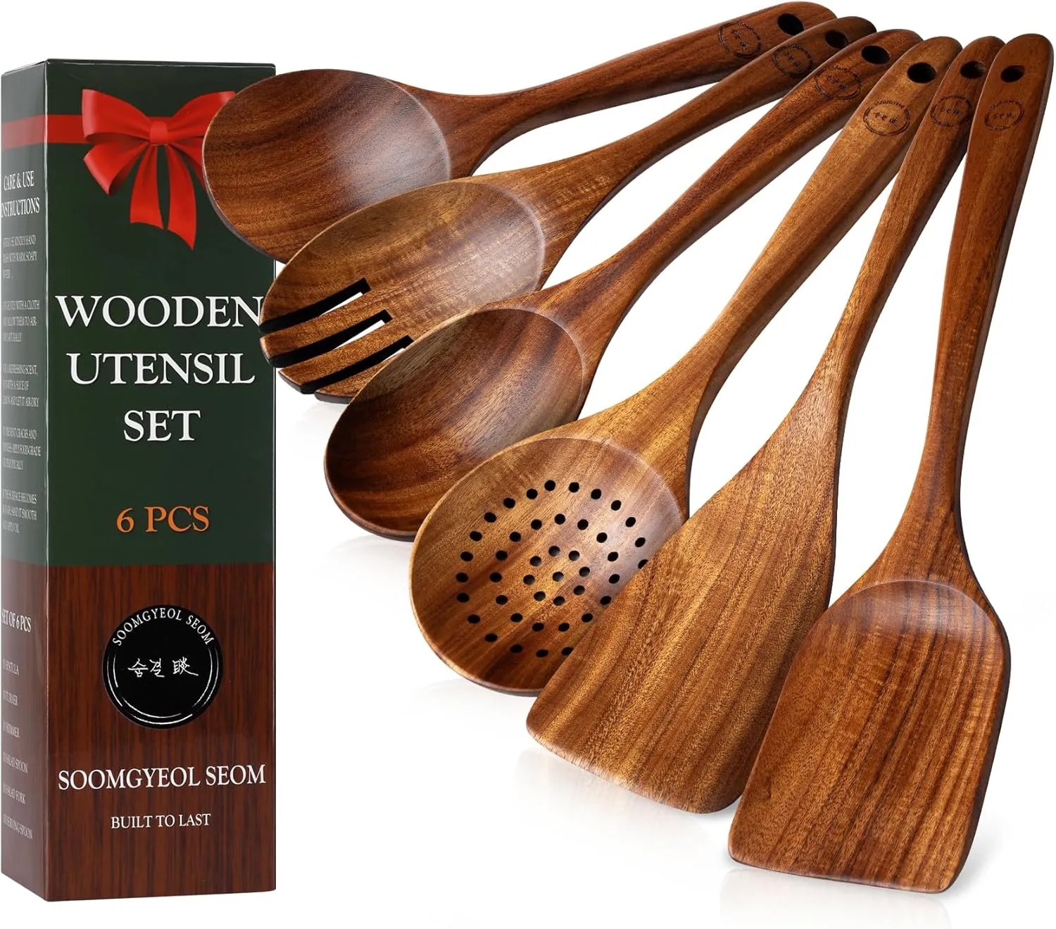 Wooden Spoons for Cooking - 6 Pcs Teak Wood Cookware Utensil Set with Smooth Finish - Non-Stick, Comfortable Grip - Durable, Heat Resistant Kitchen Utensils