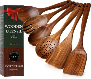 Wooden Spoons for Cooking - 6 Pcs Teak Wood Cookware Utensil Set with Smooth Finish - Non-Stick, Comfortable Grip - Durable, Heat Resistant Kitchen Utensils