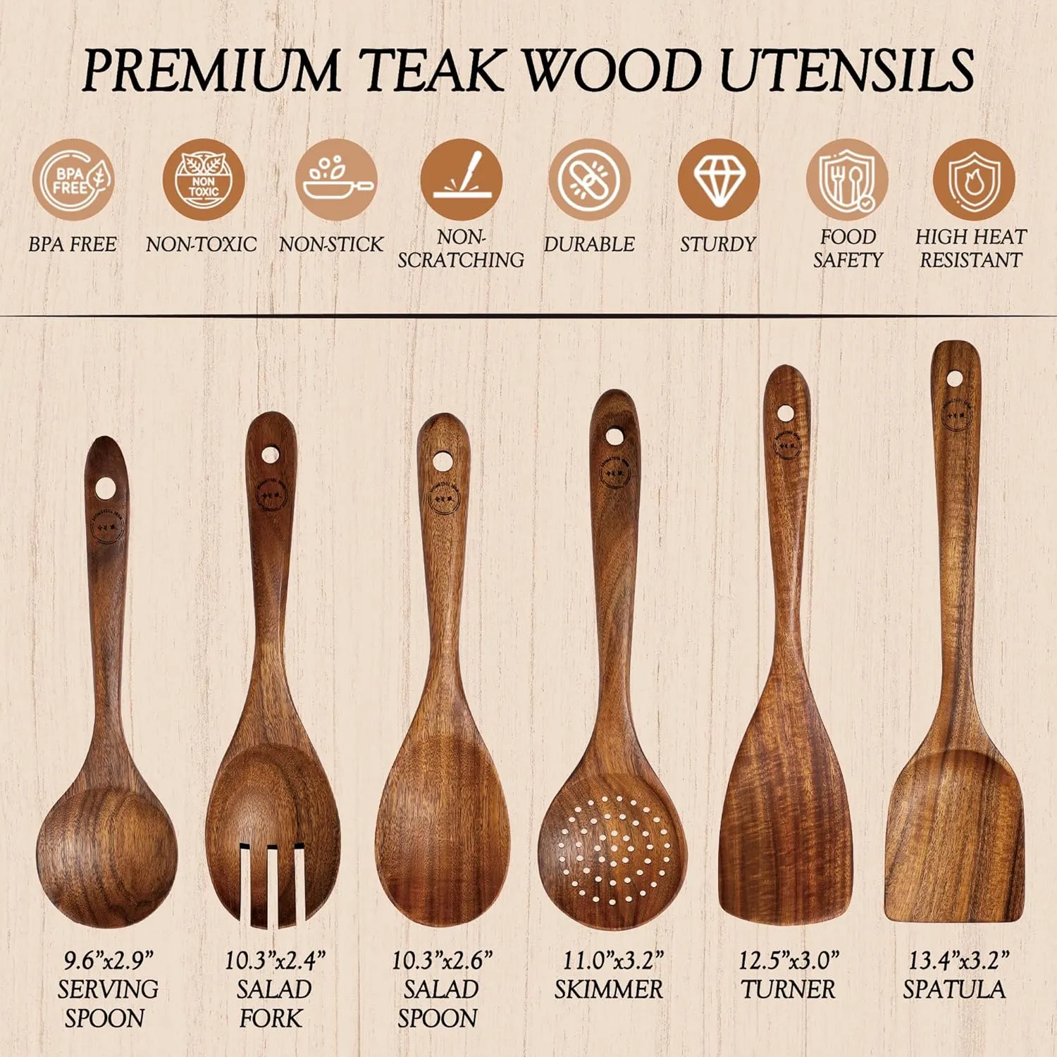 Wooden Spoons for Cooking - 6 Pcs Teak Wood Cookware Utensil Set with Smooth Finish - Non-Stick, Comfortable Grip - Durable, Heat Resistant Kitchen Utensils