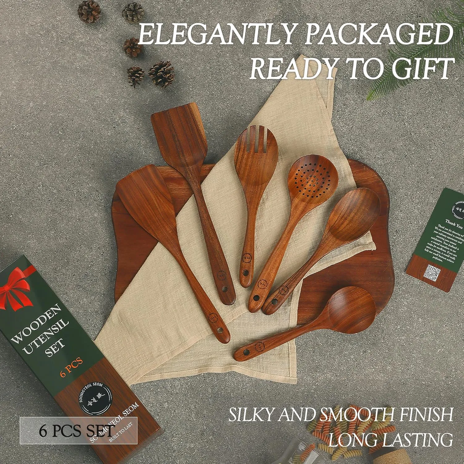 Wooden Spoons for Cooking - 6 Pcs Teak Wood Cookware Utensil Set with Smooth Finish - Non-Stick, Comfortable Grip - Durable, Heat Resistant Kitchen Utensils