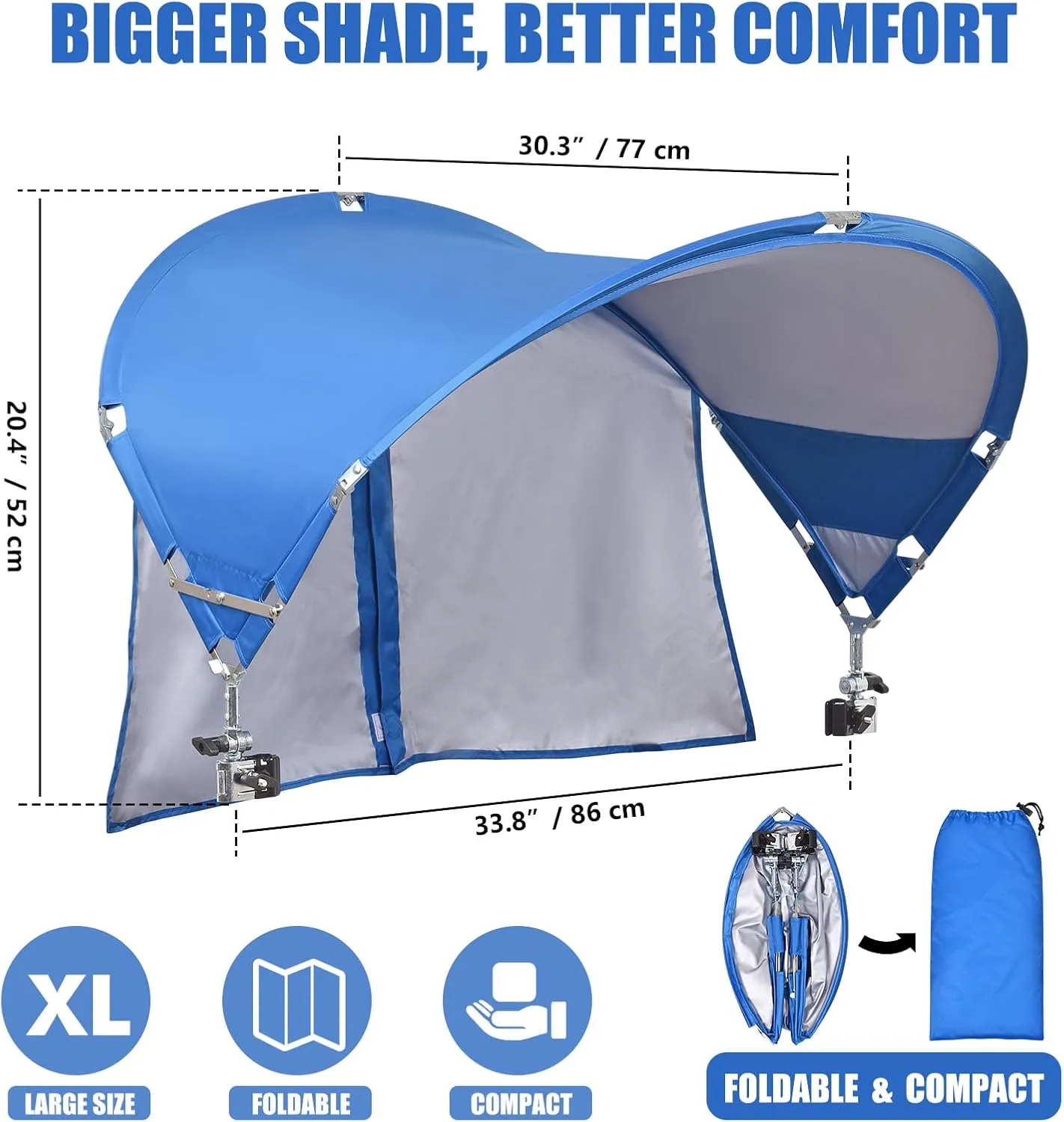 XL Universal Chair Canopy Umbrella, UPF 50  Foldable Sun Shade Attachment with Adjustable Clamp for Beach, Camping, Sports, Outdoor, Lawn, Tanning, Zero Gravity Chairs, Wagon, Wheelchair, Patented
