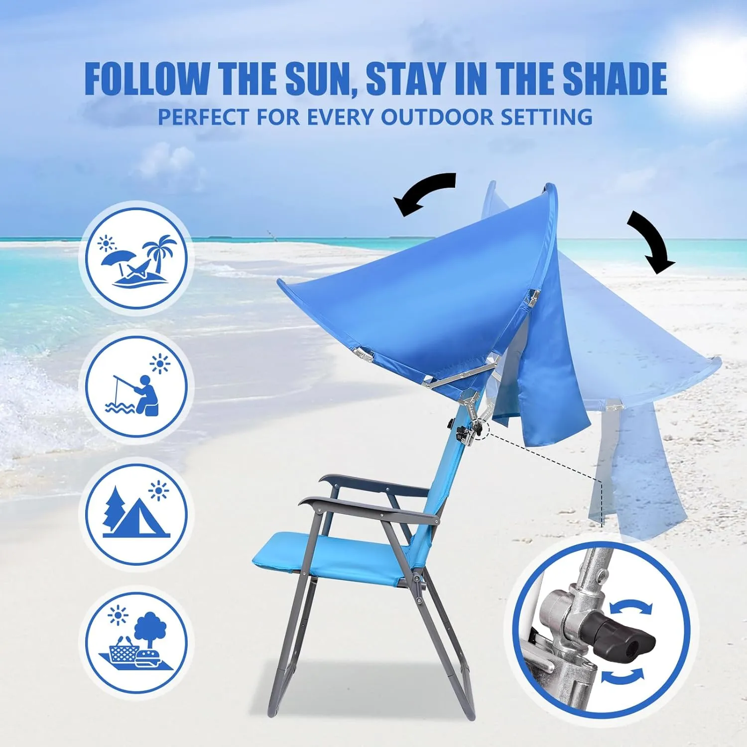 XL Universal Chair Canopy Umbrella, UPF 50  Foldable Sun Shade Attachment with Adjustable Clamp for Beach, Camping, Sports, Outdoor, Lawn, Tanning, Zero Gravity Chairs, Wagon, Wheelchair, Patented