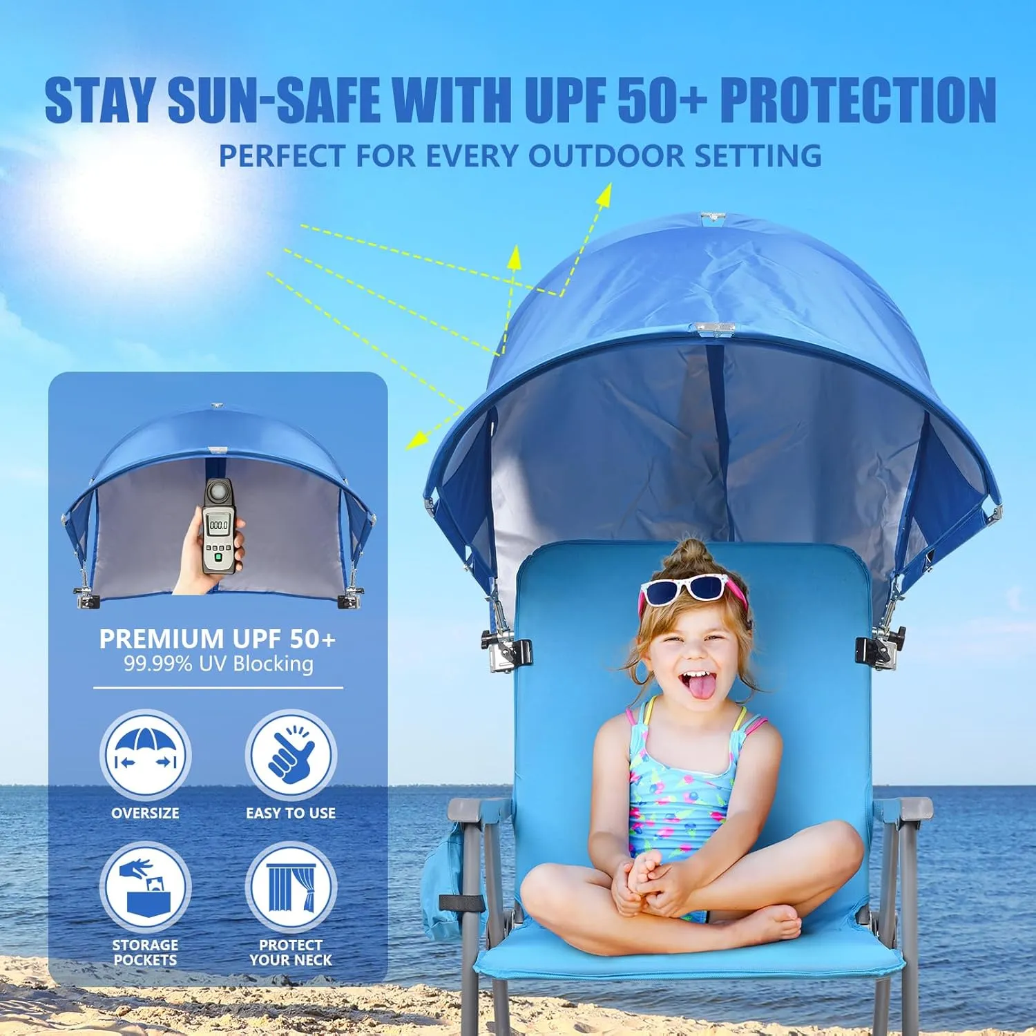 XL Universal Chair Canopy Umbrella, UPF 50  Foldable Sun Shade Attachment with Adjustable Clamp for Beach, Camping, Sports, Outdoor, Lawn, Tanning, Zero Gravity Chairs, Wagon, Wheelchair, Patented