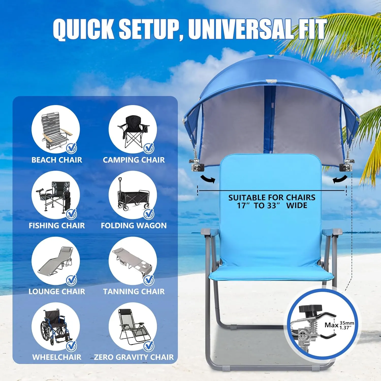 XL Universal Chair Canopy Umbrella, UPF 50  Foldable Sun Shade Attachment with Adjustable Clamp for Beach, Camping, Sports, Outdoor, Lawn, Tanning, Zero Gravity Chairs, Wagon, Wheelchair, Patented