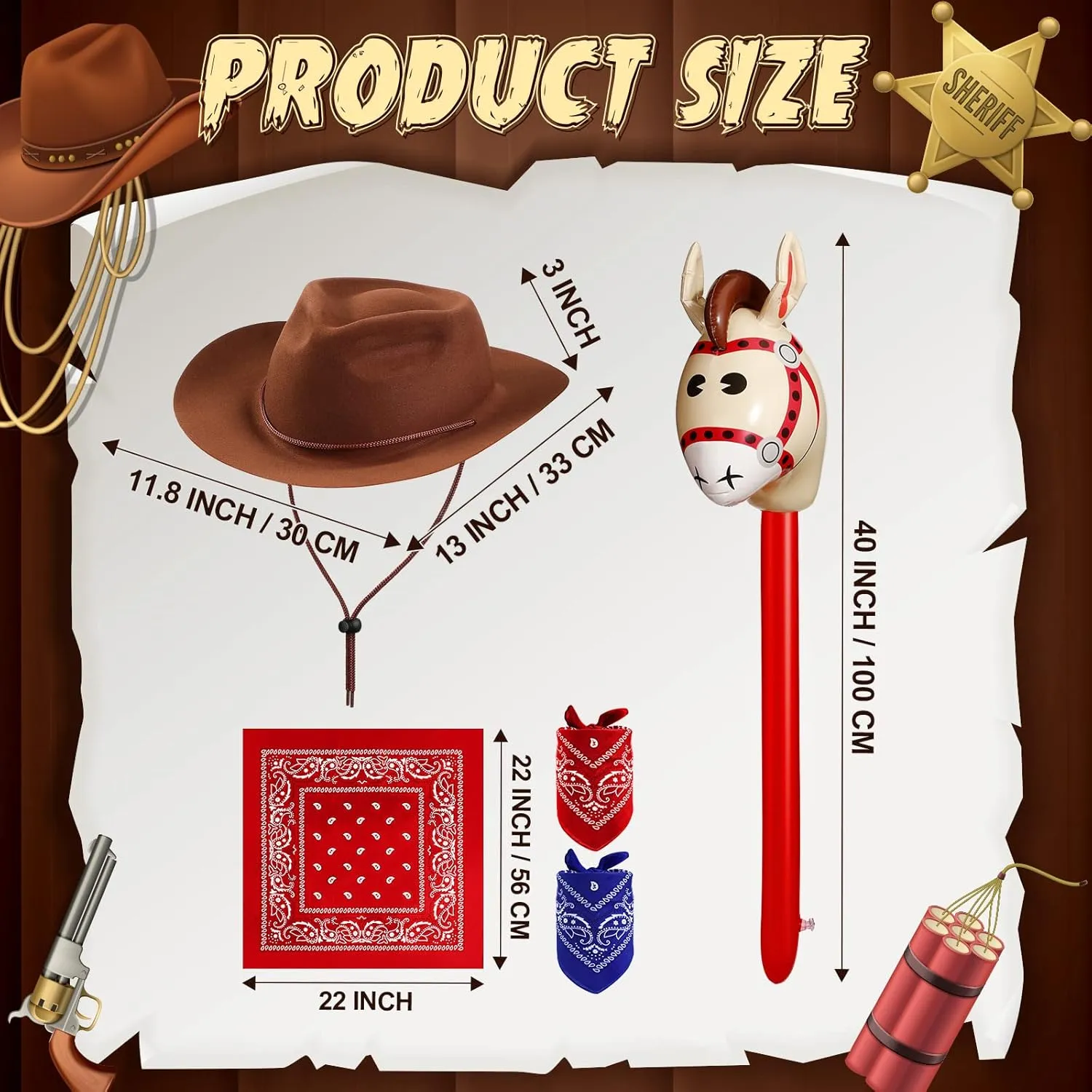 Xtinmee 36 Pcs Cowboy Party Costume Set, Farm Cowboy Hats Paisley Bandanas Inflatable Stick Horses Kids Party Supplies
