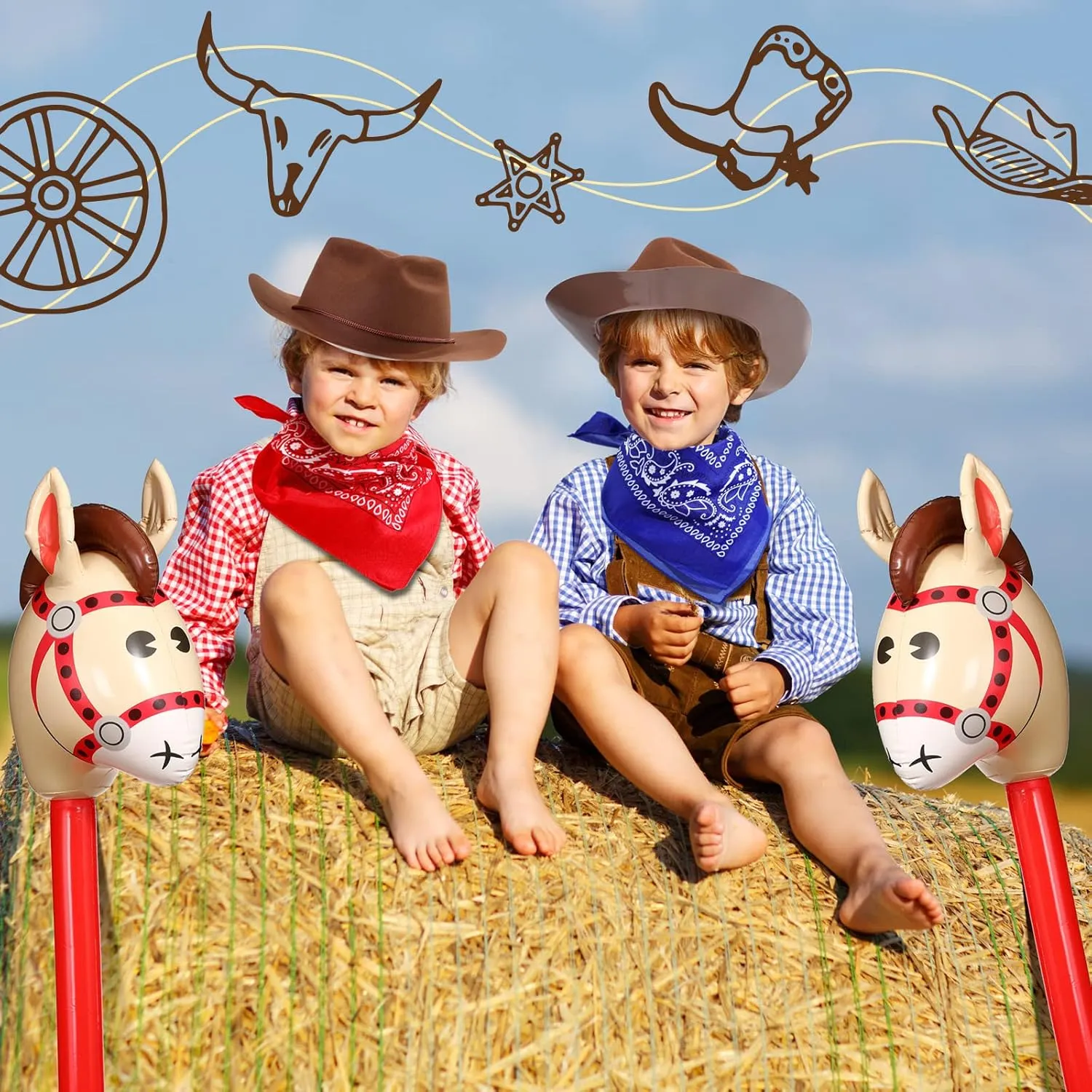 Xtinmee 36 Pcs Cowboy Party Costume Set, Farm Cowboy Hats Paisley Bandanas Inflatable Stick Horses Kids Party Supplies