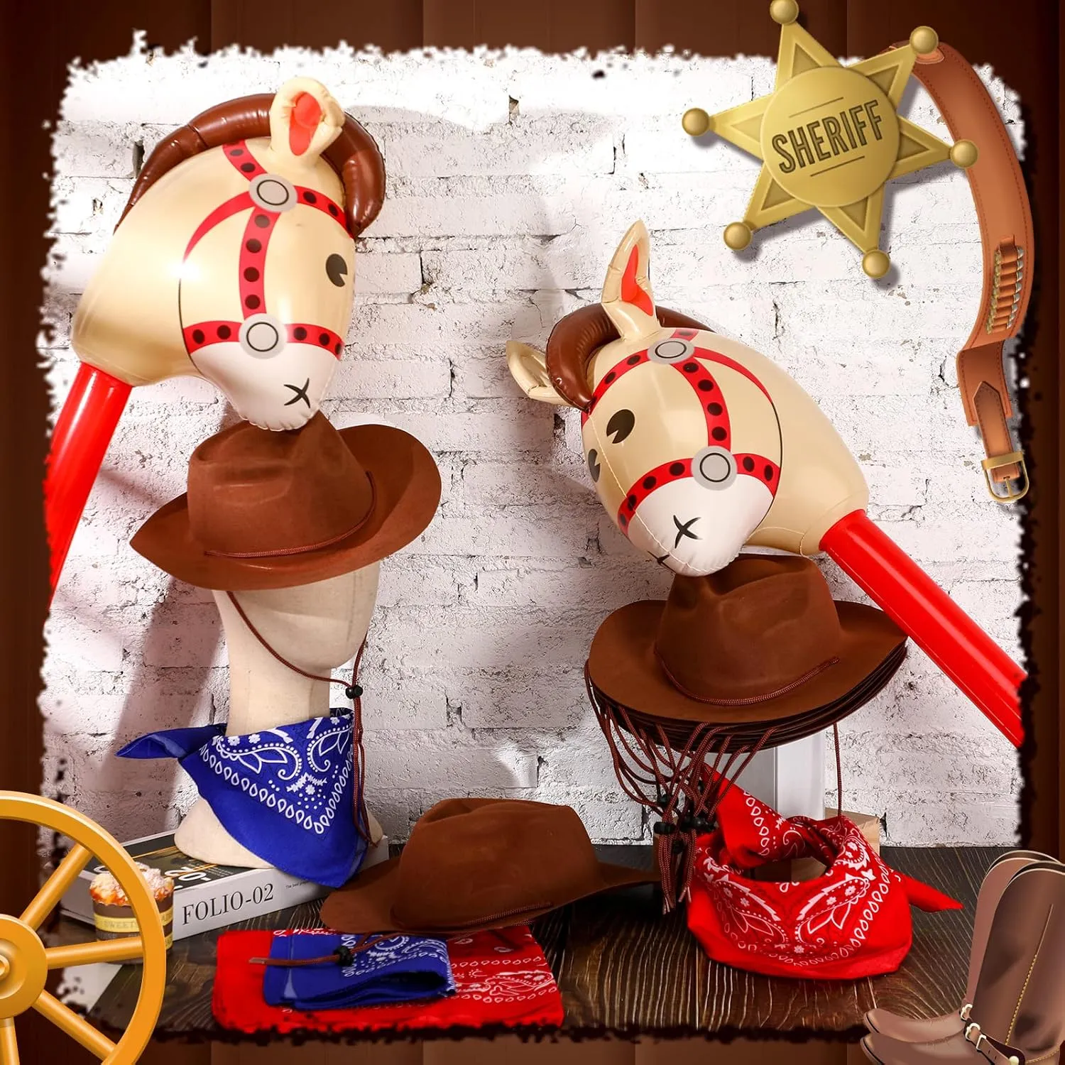 Xtinmee 36 Pcs Cowboy Party Costume Set, Farm Cowboy Hats Paisley Bandanas Inflatable Stick Horses Kids Party Supplies