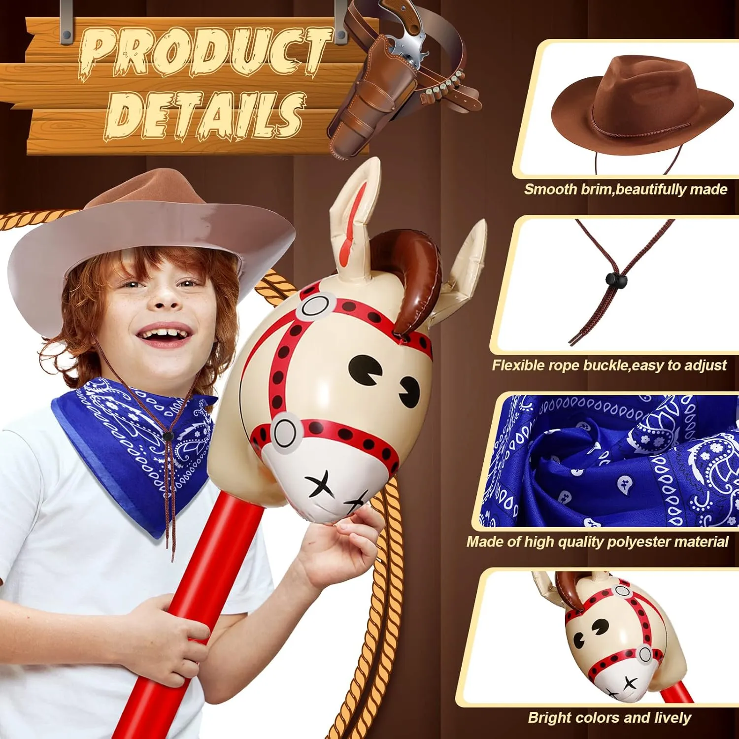 Xtinmee 36 Pcs Cowboy Party Costume Set, Farm Cowboy Hats Paisley Bandanas Inflatable Stick Horses Kids Party Supplies