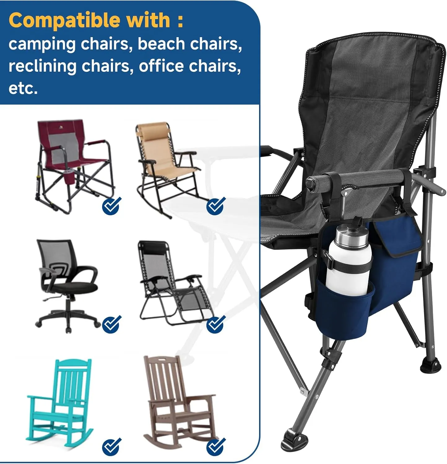 Xxerciz Chair Cup Holder Phone Holder, Camping Chair Armrest Drink Holder with Easily Attached Self Adhesive Straps for Patio Recliner, Beach Chair, Foldable Camping Chair (Blue)