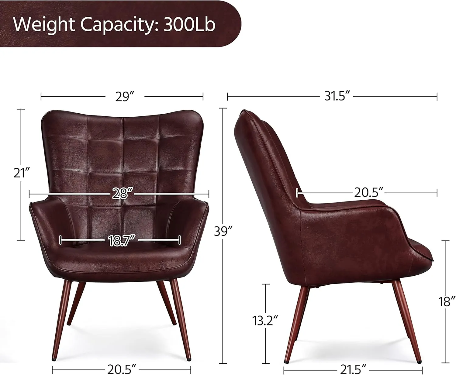 Yaheetech Living Room Chair Contemporary Faux Leather Chair Biscuit Tufted Accent Chair with Tapered Legs and Armrests for Living Room Bedroom, Chestnut Brown