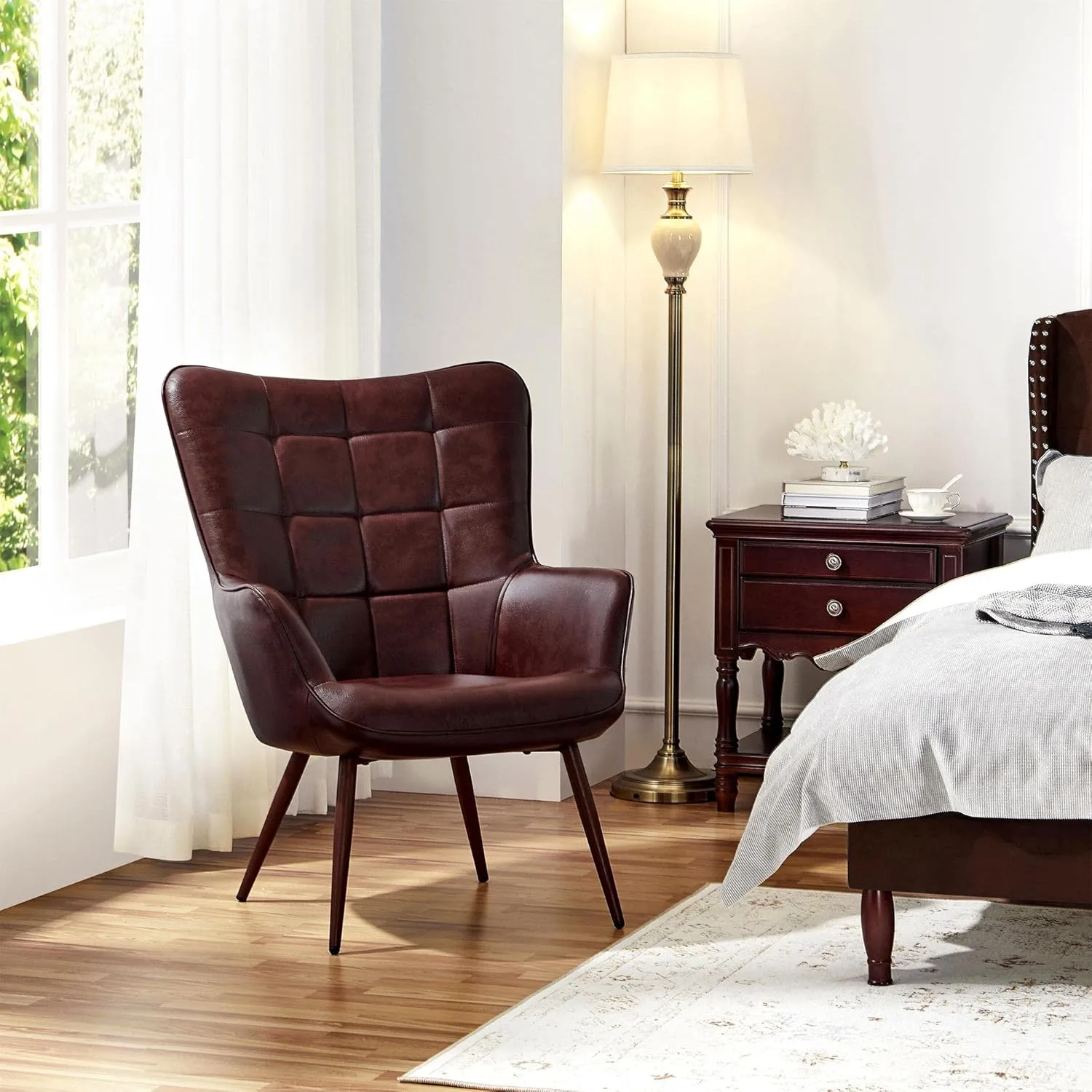 Yaheetech Living Room Chair Contemporary Faux Leather Chair Biscuit Tufted Accent Chair with Tapered Legs and Armrests for Living Room Bedroom, Chestnut Brown