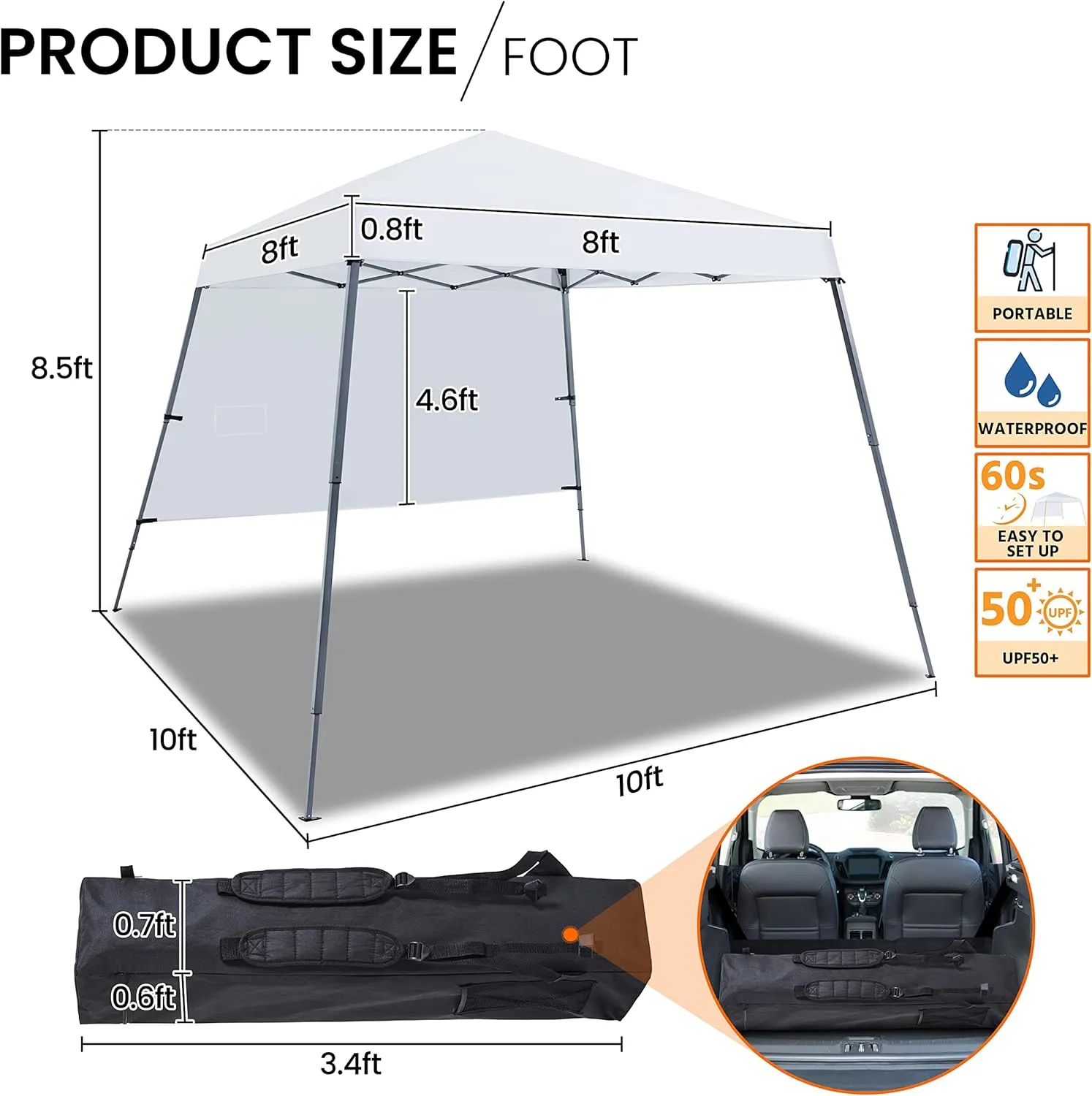 Yaheetech Pop Up Canopy Tent with Backpack, 10x10 Base Portable Easy One Person Setup Folding Shelter Compact Lightweight Slant Leg Canopy with 1 Sidewall, 8x8 Top, White