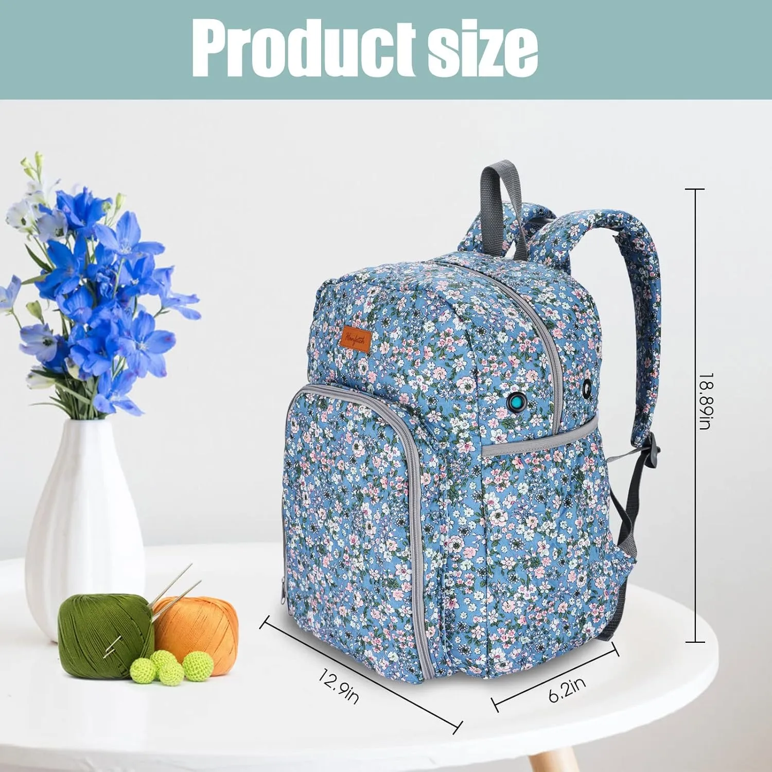 Yarn Storage Organizer Knitting Bag Backpack Large size with Grommets Portable Crochet Bag Yarn Keeper for Yarn Skeins， Crochet Hooks, Knitting Needles and Other Accessories (Flower-Blue)