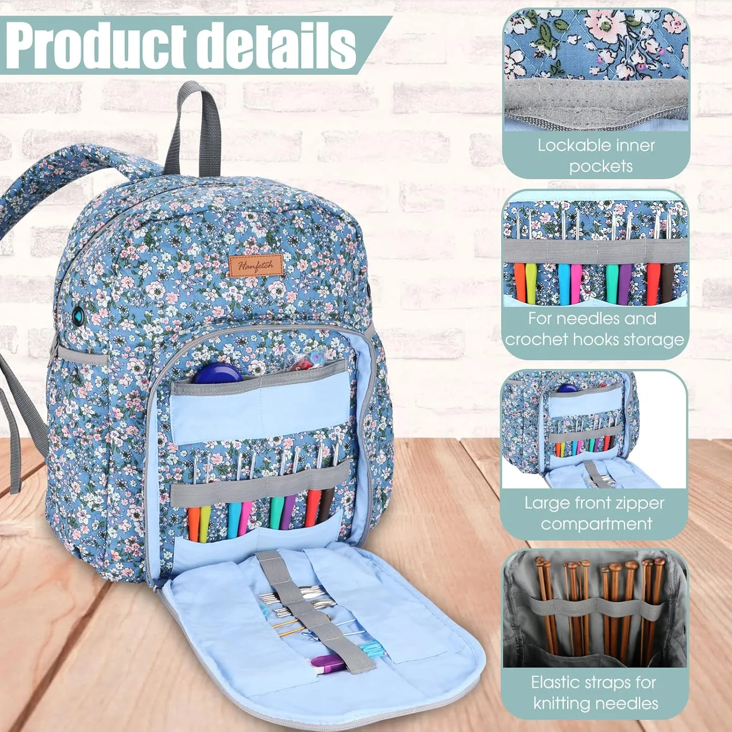 Yarn Storage Organizer Knitting Bag Backpack Large size with Grommets Portable Crochet Bag Yarn Keeper for Yarn Skeins， Crochet Hooks, Knitting Needles and Other Accessories (Flower-Blue)