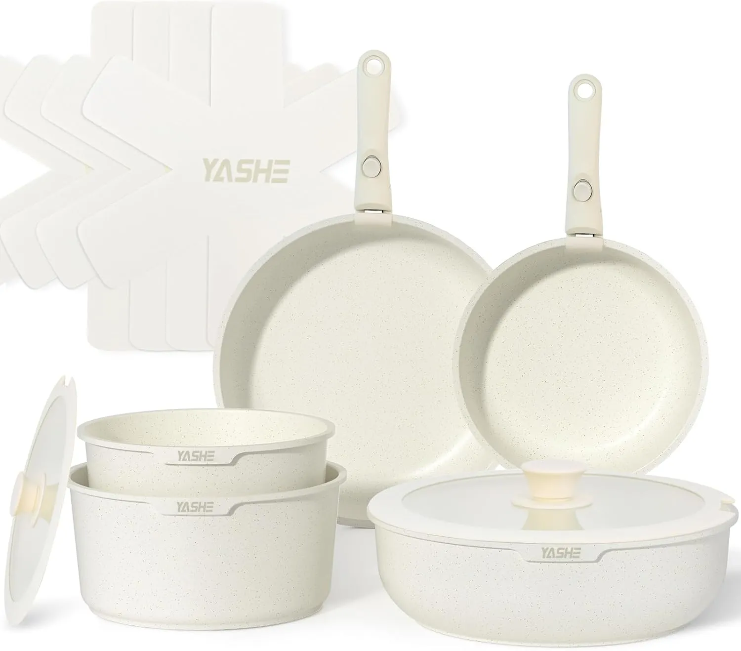 YASHE 13Pcs Pots and Pans Sets Non Stick with Detachable Handle, Granite White- new but opened scruffy box