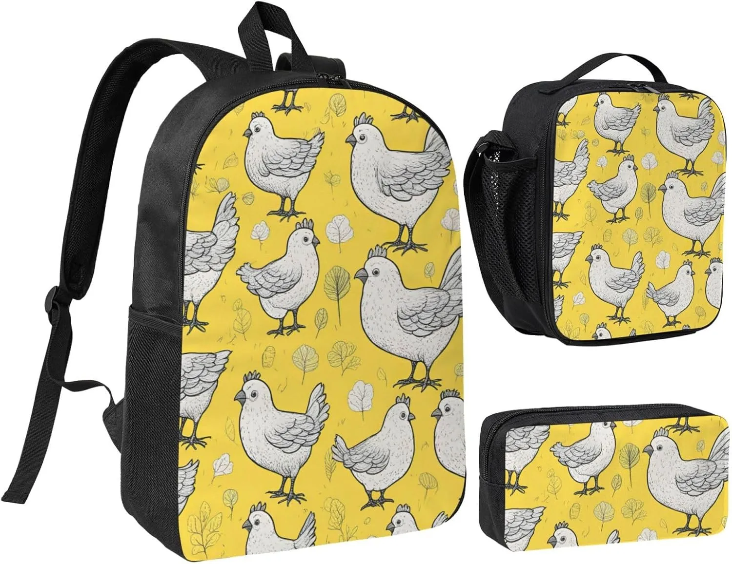 YELLOW chicken print Backpack 3pcs Set Including 17 Inch Large BookBag With Lunch Bag And Practical Pen Bag