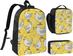 YELLOW chicken print Backpack 3pcs Set Including 17 Inch Large BookBag With Lunch Bag And Practical Pen Bag