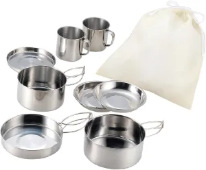 YIJU 8Pcs Outdoor Pot Plates and Cups Stainless Steel Frying Pan Camping Cookware