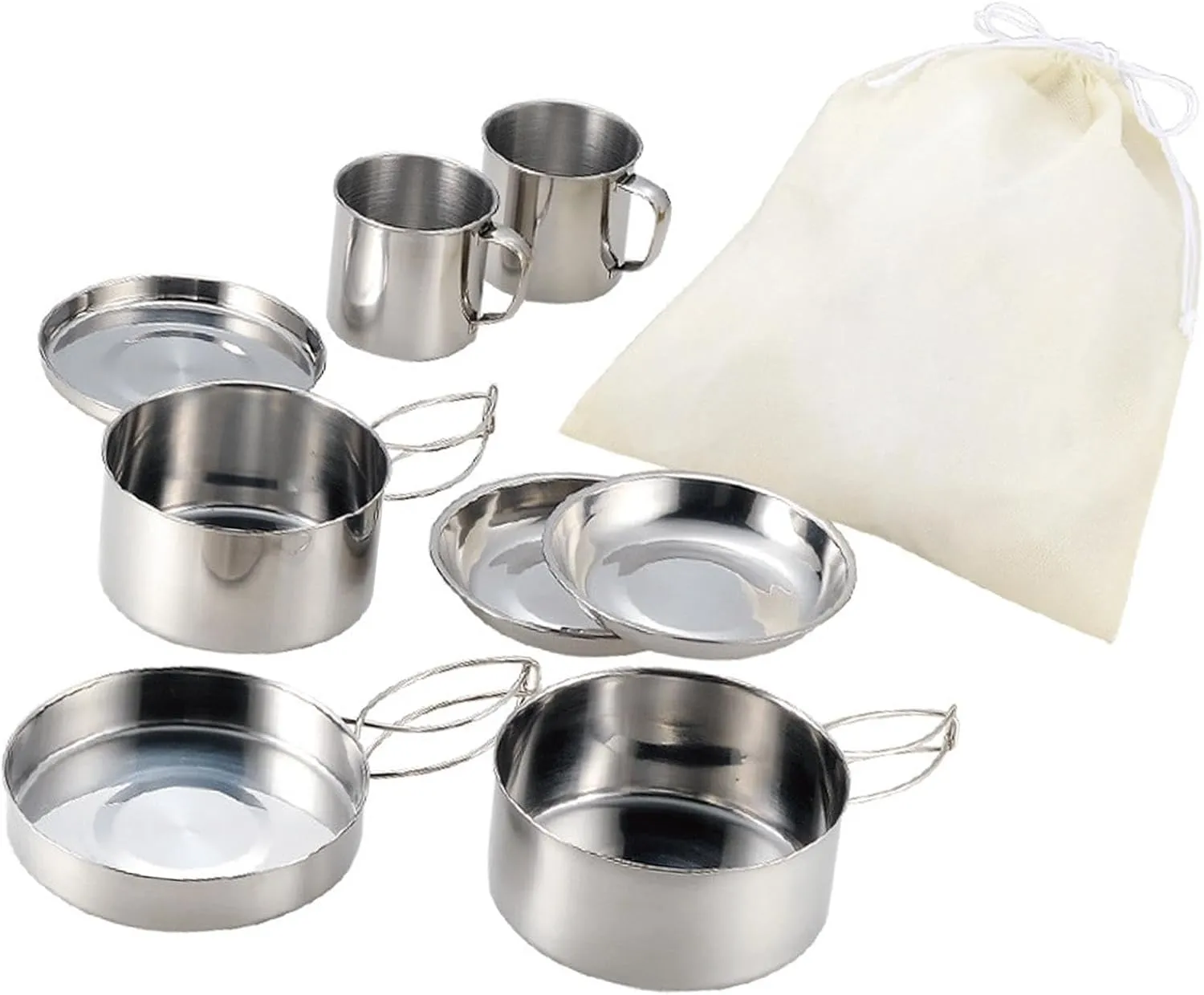 YIJU 8Pcs Outdoor Pot Plates and Cups Stainless Steel Frying Pan Camping Cookware