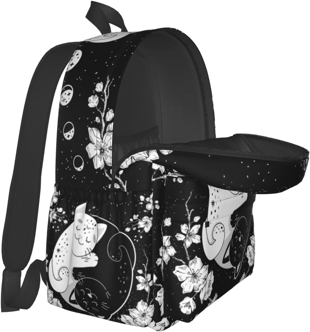 Yin Yang Cat Moon Phases Waterproof Backpack Adjustable Shoulder Straps Bag Large Capacity Casual Daypack Bookbag For Travel Work