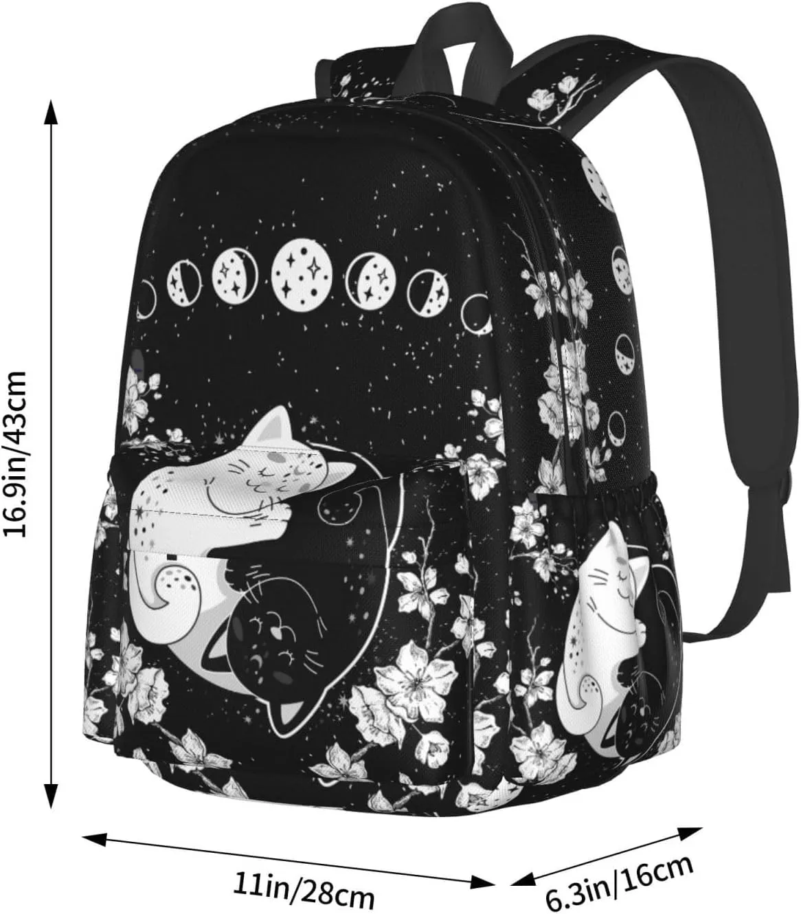 Yin Yang Cat Moon Phases Waterproof Backpack Adjustable Shoulder Straps Bag Large Capacity Casual Daypack Bookbag For Travel Work