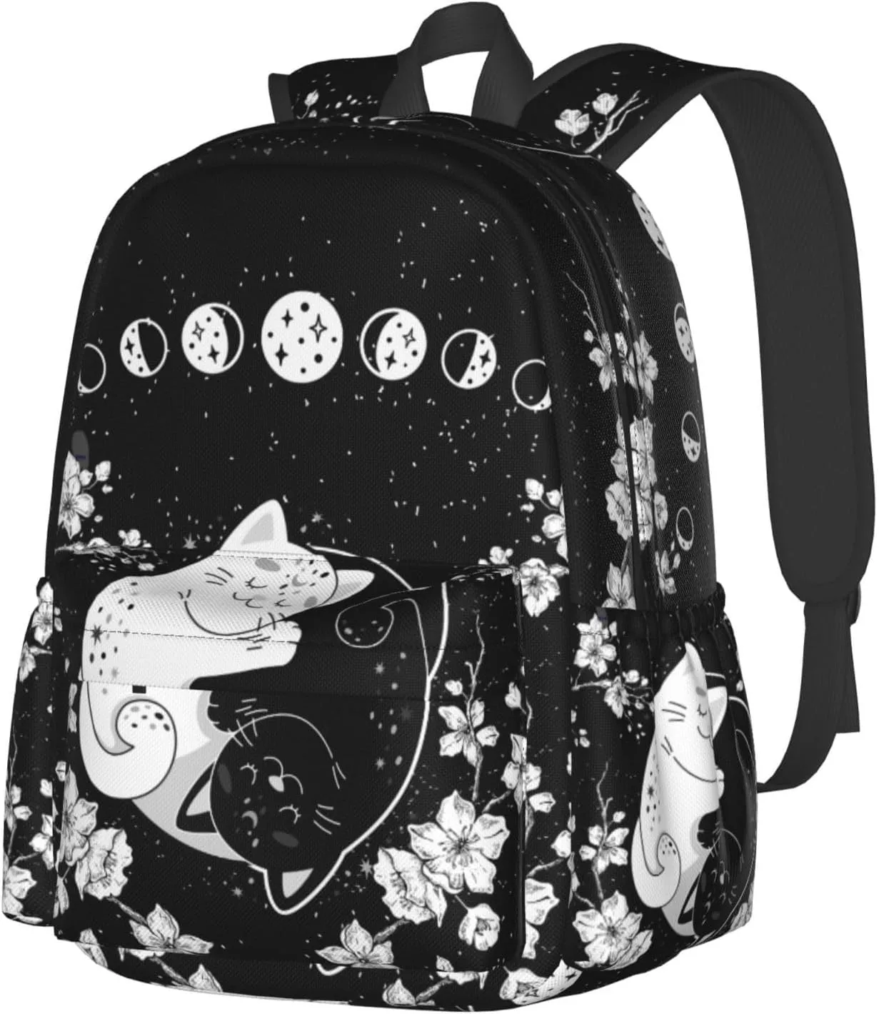 Yin Yang Cat Moon Phases Waterproof Backpack Adjustable Shoulder Straps Bag Large Capacity Casual Daypack Bookbag For Travel Work