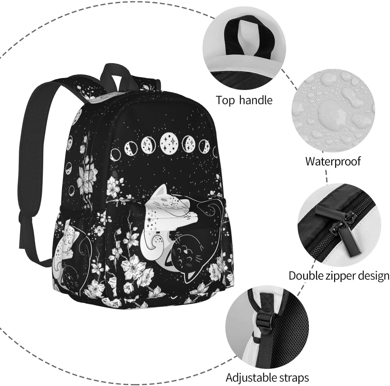 Yin Yang Cat Moon Phases Waterproof Backpack Adjustable Shoulder Straps Bag Large Capacity Casual Daypack Bookbag For Travel Work