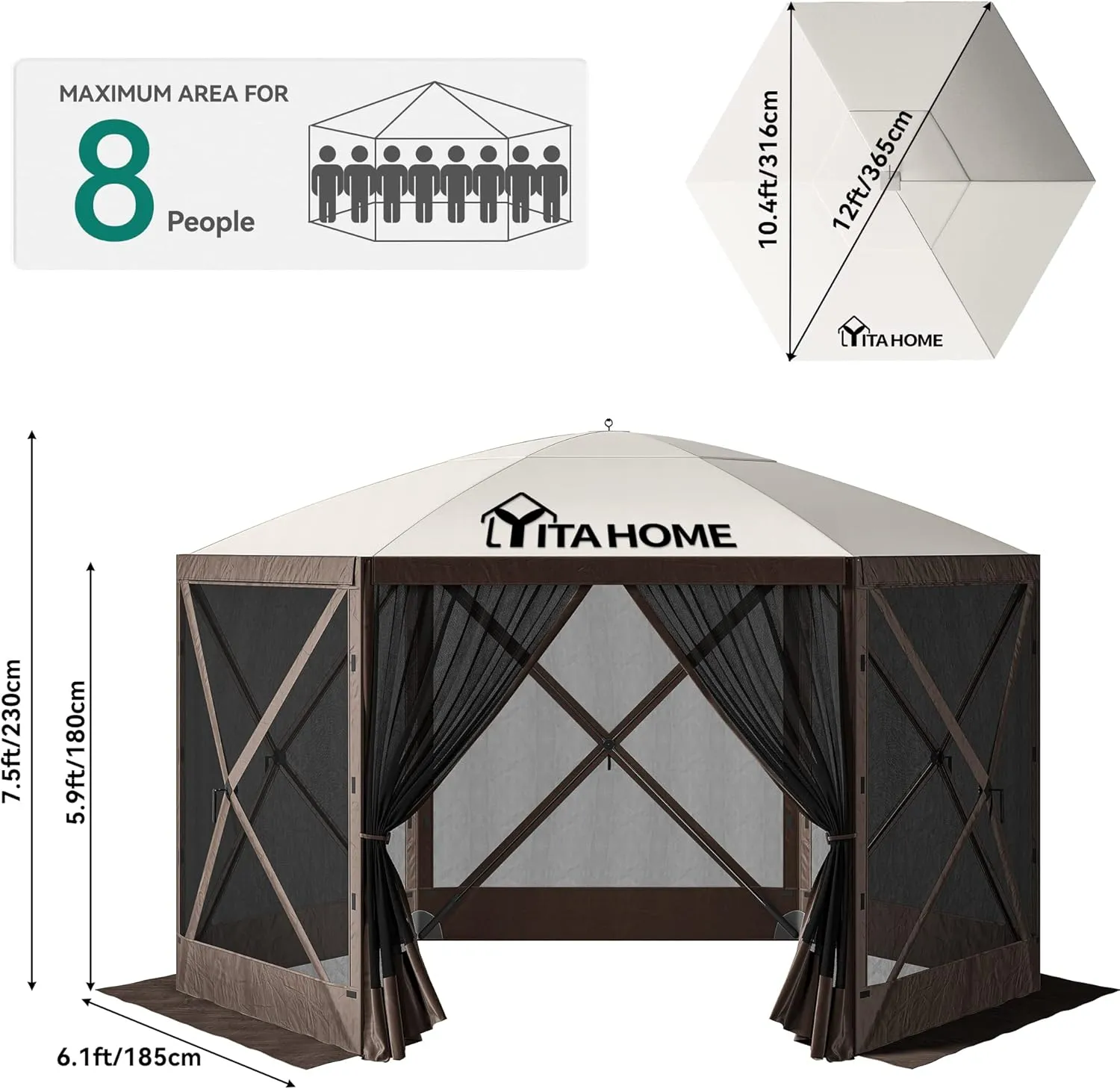 YITAHOME 12x12ft Camping Gazebo, Portable Pop Up Canopy Outdoor Screen Tent 6 Sided with Mesh Windows and Carry Bag for Camping, Picnic, Backyard Party Outside Activities, Brown