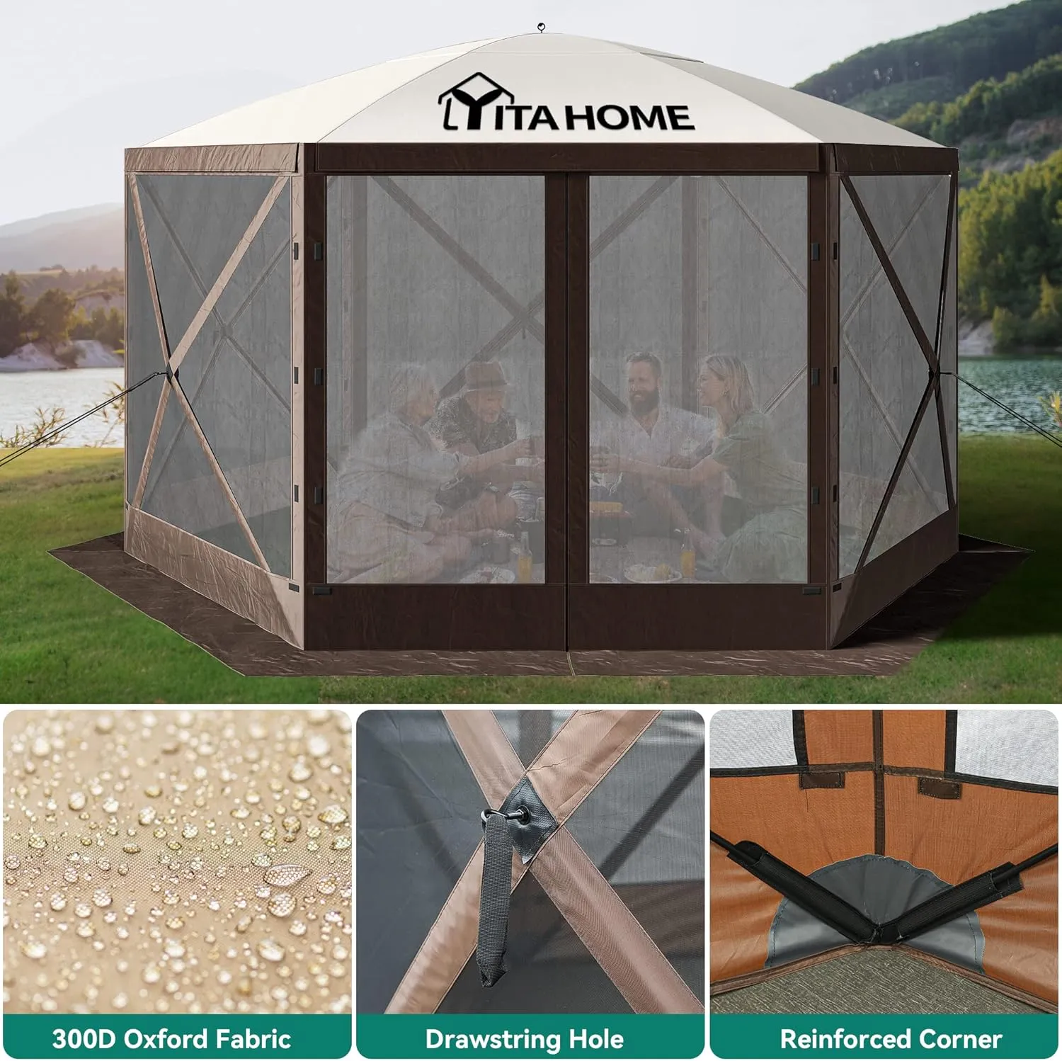 YITAHOME 12x12ft Camping Gazebo, Portable Pop Up Canopy Outdoor Screen Tent 6 Sided with Mesh Windows and Carry Bag for Camping, Picnic, Backyard Party Outside Activities, Brown